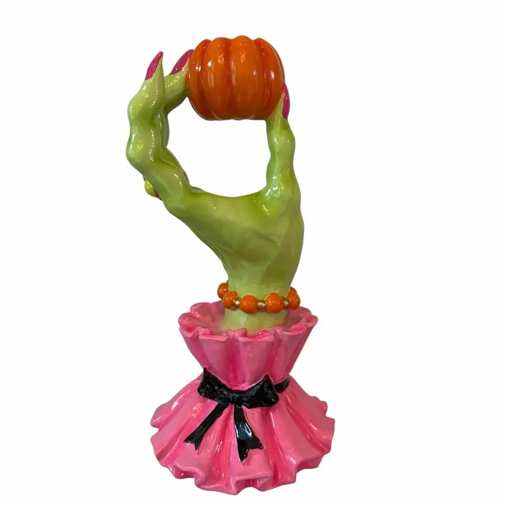 Broomstick Blvd Witch Hand Taper Candle Holders Set 2 Pink Green Halloween NEW